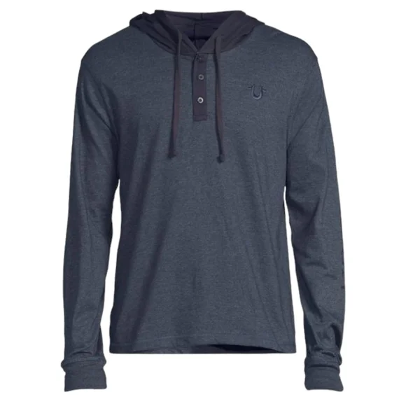 True Religion Hooded Henley Shirt Dark Blue Heathered Cotton Blend Size Medium
